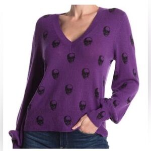 Skull Cashmere Purple Black V-Neck Edgy Luxury Soft Chic Esthetic Sweater Sz XS